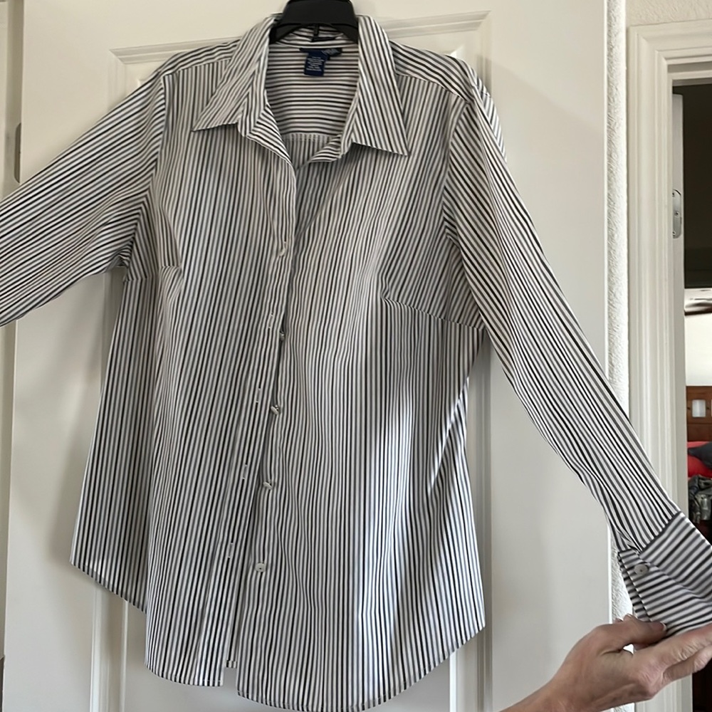 Grey and white dress shirt.